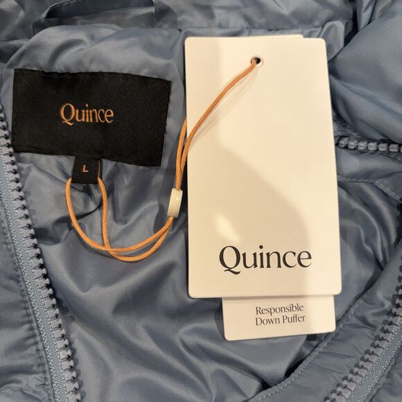 NWT Quince Women Lightweight Down Packable Puffer Hooded Jacket Blue 700+Fill Lg - Picture 9 of 11